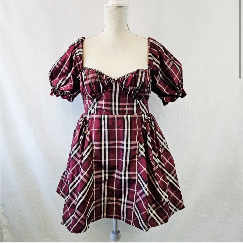 New Anthropologie Maeve‎ Maroon Plaid Tartan Buffalo Holiday Winter Mini Dress L
